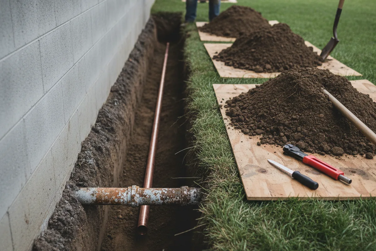 Excavated water line trench during Sewer Line Repair in Batavia